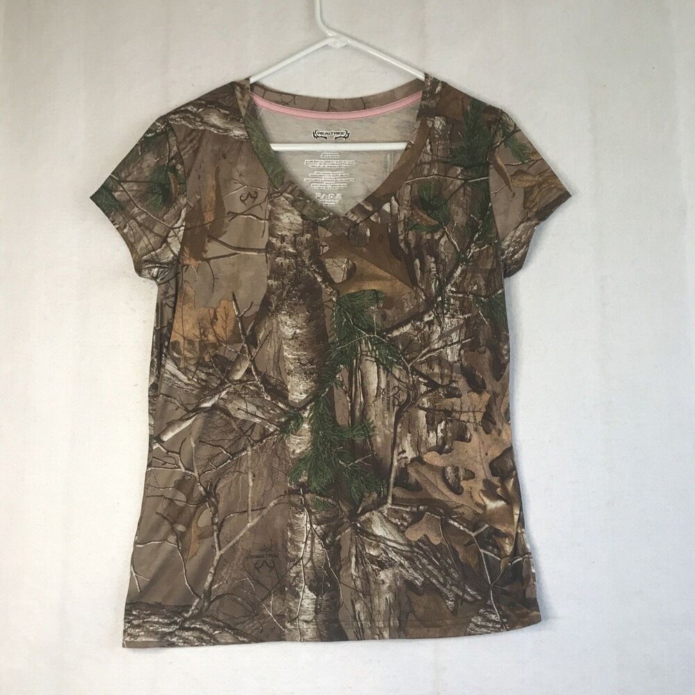 Realtree Shirt Women Medium Brown Camouflage Cap Sleeve V-Neck Pullover Hunting